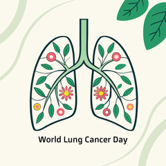 World Lung Cancer Day Illustration: An artistic rendering of lungs adorned with floral and foliar elements, symbolizes hope and awareness for World Lung Cancer Day.