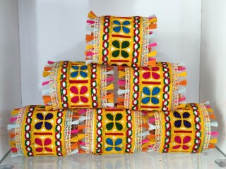 Traditional handmade bangles - kada for Navratri look, indo western outfit. hand accessory with mirror work and colorful traditional Indian embroidered fabric with oxidized base. colorful wrist band