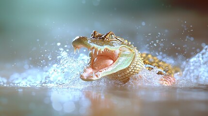 Fierce Alligator Splashes Water with Open Mouth in Natural Habitat