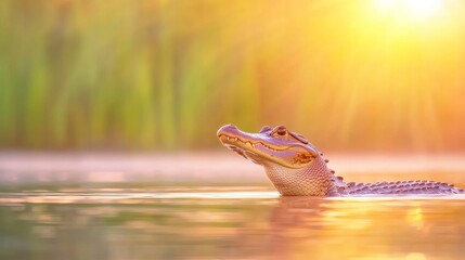Serene Alligator Gliding in Calm Waters at Sunset Glow