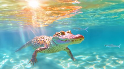 Colorful Crocodile Swimming Underwater in a Vibrant Tropical Scene