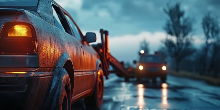 A car is being towed by another car. The tow truck is on the right side of the car