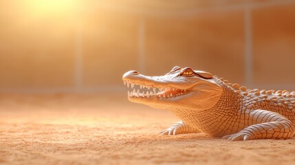 Majestic Alligator Resting in Golden Sunlight by Sandy Shore