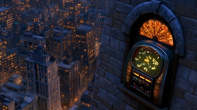 High-angle view of a city skyline at night with a vintage jukebox on a building.