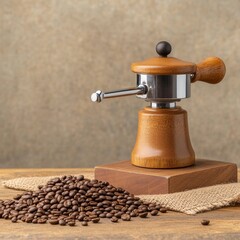 Manual Coffee Grinder with Coffee Beans on Rustic Wooden Table