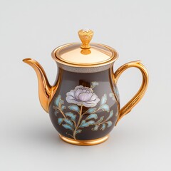 Elegant Black Teapot with Floral Design and Golden Accents