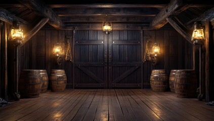 Dark wooden interior with large doors, barrels, and lanterns