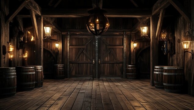A dimly lit wooden room with two large doors and wooden barrels on either side