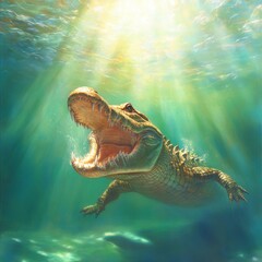 Majestic Crocodile Swimming Underwater with Sunlight Reflection