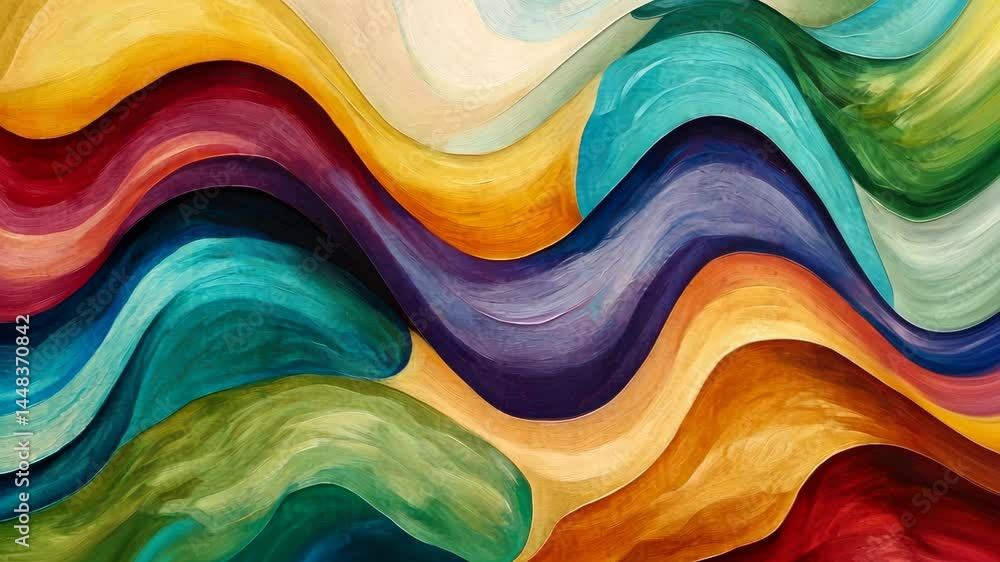 Poster colorful fluid waves flowing in seamless abstract motion with vivid multicolored gradients