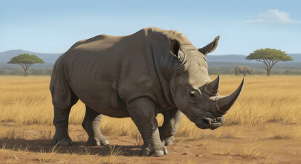 Fototapeta premium Majestic Rhino in the African Savanna: A Digital Painting