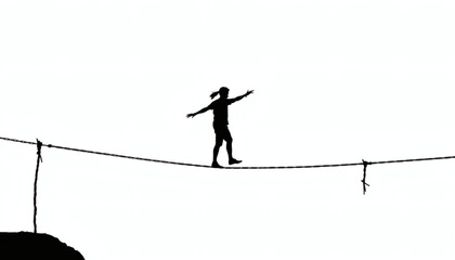 Graceful Silhouette of Person Balancing on Tightrope on White Background for Circus and Balance Designs