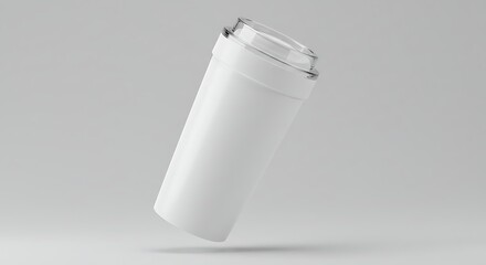 Angled White Medical Pill Bottle with Clear Lid, Sleek Studio Mockup for Pharmaceutical Packaging, Brand Design & Product Presentation on Neutral Background.
