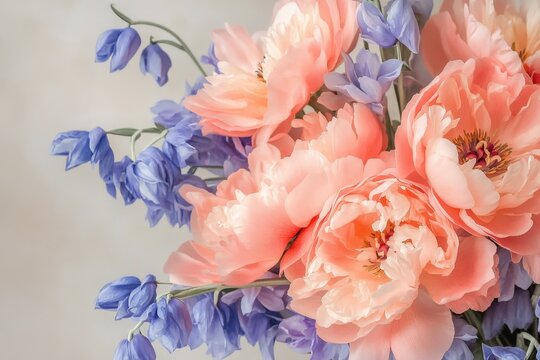 Close-up view of a bouquet of peach and periwinkle flowers.