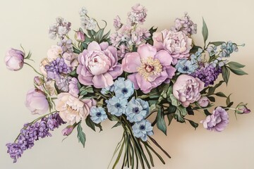 Delicate bouquet of pastel flowers in a still life arrangement.