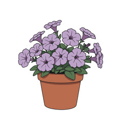 Naklejka premium Simple vector illustration of petunia plant with purple flowers in a terracotta pot, clean lines and isolated on white background; concept for garden, landscape, and interior design elements