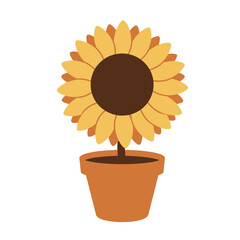 Obraz premium Simple vector illustration of a sunflower in a terracotta pot against a white background, concept for garden design and home decor