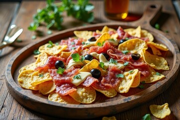 Delicious nachos with salsa, cheese, ham, and olives on wooden serving board