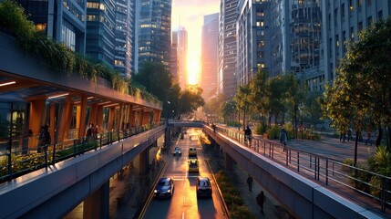 Urban Cityscape with Sunset and Modern Architecture