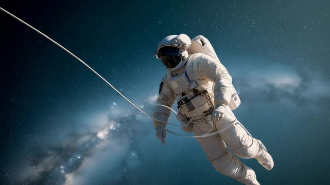 Astronaut Spacewalk Tethered to Spaceship Amidst Starry Galaxy