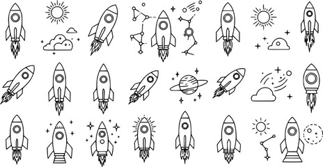 Rocket Launch Icons: Space Stars Sun Galaxy Universe Astronomy Vector 