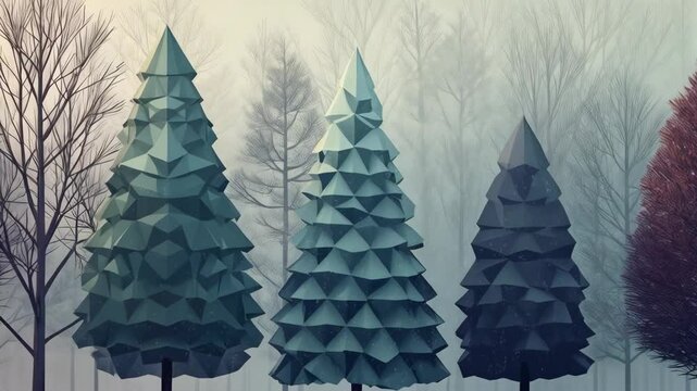 Winter forest landscape illustration with stylized fir trees in snow and bare trees in a misty setting creating a peaceful nature scene