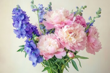 Fototapeta premium Pastel pink and blue flower bouquet arrangement.