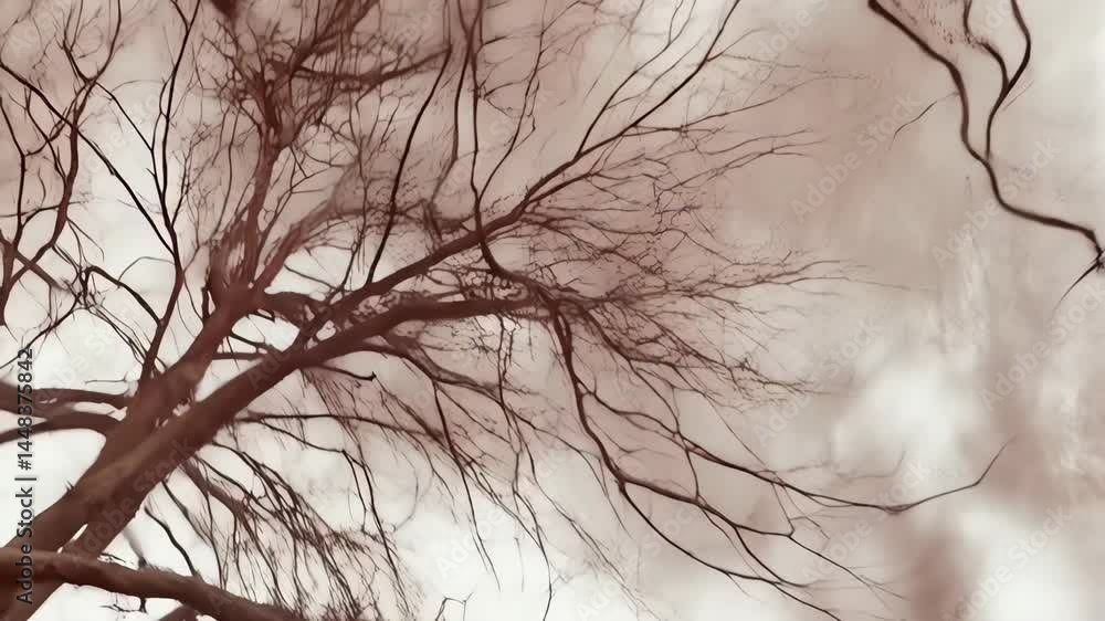 Poster branches of barren tree against a white sky in an overhead view creating a delicate organic abstract