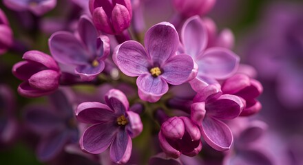 Blooming Lilac Flowers Close-up with Purple Petals and Yellow Centers