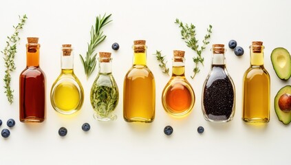 Assortment of Cooking Oils in Glass Bottles with Herbs and Fruits