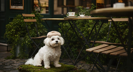 Adorable Maltese Dog Sitting at Outdoor Caf&eacute;