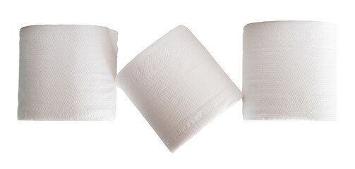 Three rolls of white tissue paper or toilet paper in stack isolated on white background with clipping path