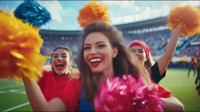 Cheerleaders holding colorful pom-poms exuberantly cheer at an outdoor sports event. Video made using Generative AI.