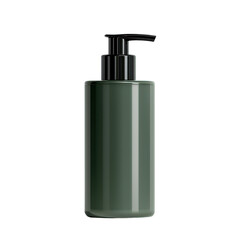 Obraz premium Elegant dark green cylindrical liquid soap or lotion dispenser with a black pump nozzle, minimalistic design for bathroom or kitchen countertop decor on transparent background