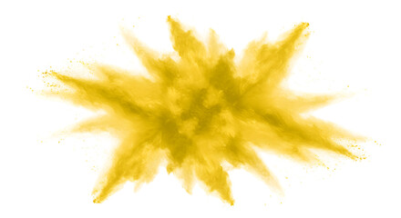 Golden Powder Explosion Abstract Burst of Yellow Dust on White Background - High-Resolution Stock Photo