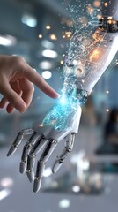 Human Finger Touching a Futuristic Robotic Hand