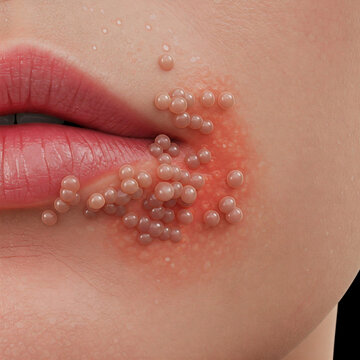 Herpes Simplex: Grouped Vesicles on Erythematous Base Near Lips (HSV-1)