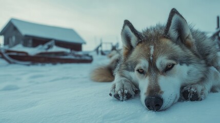 Fototapeta premium Snowy wolf resting in winter landscape
