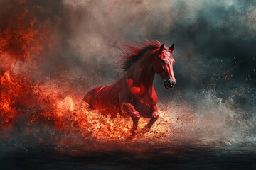 Red fire horse emerges from lava flow with steam and smoke creating a dramatic atmosphere in a surreal landscape