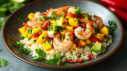 Gourmet shrimp tacos served with a side of tropical rice, topped with vibrant yellow peppers and avocados, garnished with fresh cilantro.