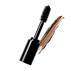 Close-up of a black mascara wand with a brush applicator and a streak of brown cosmetic mascara for eye makeup on transparent background