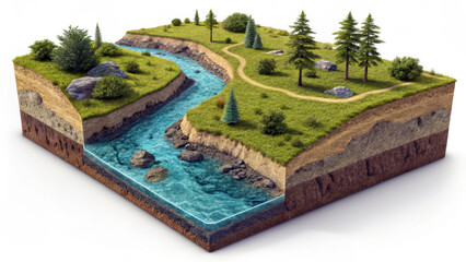 Isometric 3D Illustration of River Cross-Section with Terrain and Vegetation