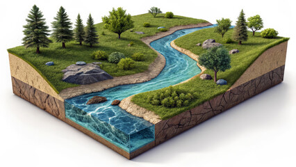 3D Rendered Isometric View of River Channel with Visible Underwater Layers