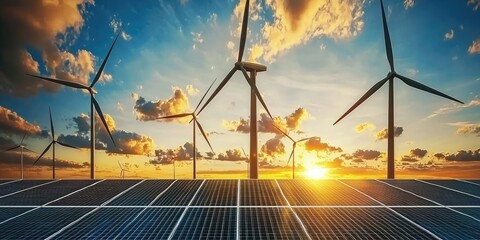 Renewable energy park with solar panels and wind turbines at sunset, reducing environmental impact
