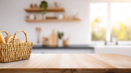 Rustic Kitchen with Wooden Table and Fresh Baked Bread in Basket