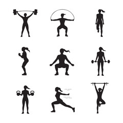 Naklejka premium Fitness silhouette illustrations featuring a woman doing various exercises like jumping, stretching, and lifting.