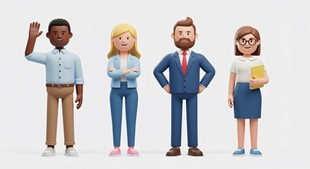 Obraz premium Diverse Team of Four Cartoon Characters in 3D Render for Business Concepts