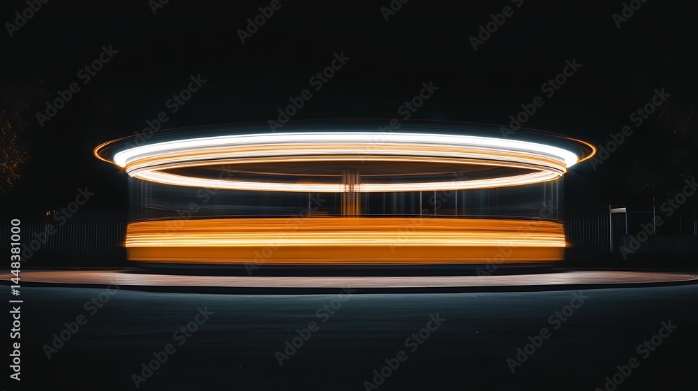 Poster circular structure illuminated by moving light at night.