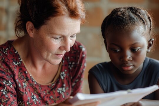 A young African girl studies with her tutor or mother, both concentrated on a document or learning material.