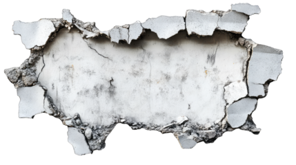 A close-up view of a cracked wall revealing a rough. textured surface. with broken concrete fragments scattered around. suggesting damage and the need for repair in an urban environment